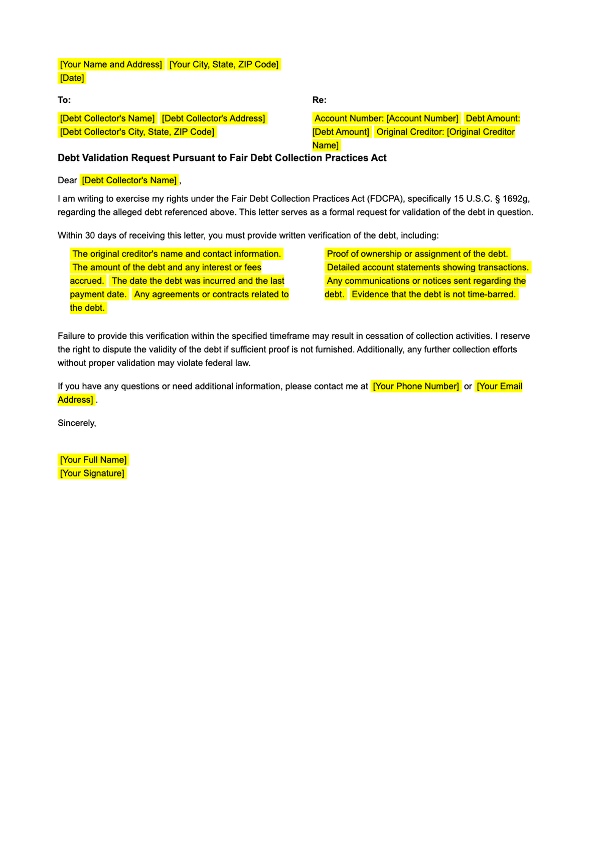 Debt validation letter template under Fair Credit Reporting Act_variant_2